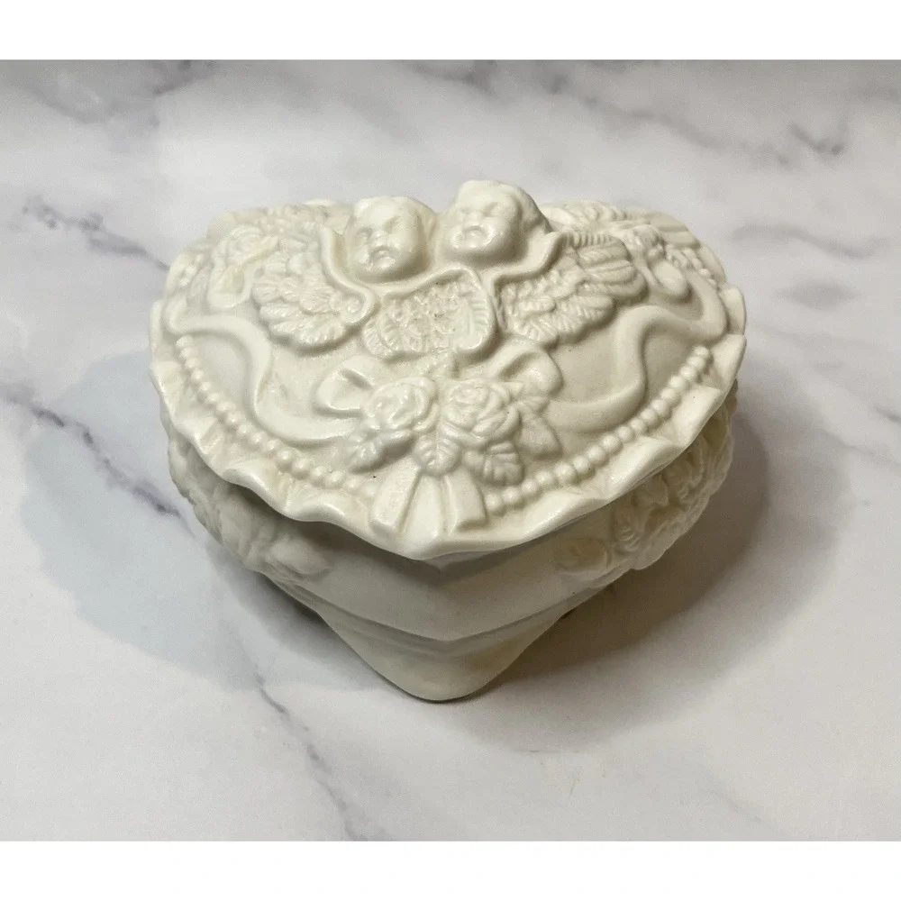 Vintage White Porcelain Bisque Cherub Angel Heart Roses Trinket Vanity Box